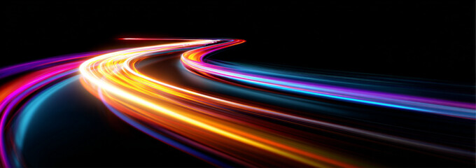 Neon speed lines spiral and twist along a high-speed night road. Glowing streaks illustrate dynamic motion and futuristic energy flow. Modern digital illustration isolated in vector. © Strongstock03