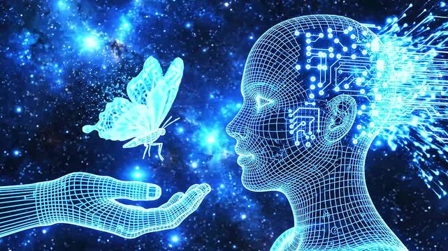 Futuristic abstract humanoid robot holding a digital butterfly on a palm. AI art or Artificial Intelligence Innovation concept. Polygonal wireframe . Blue technology background. 4k video