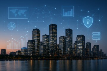 Futuristic city skyline with glowing data analytics and cybersecurity icons over digital network connections at dusk across waterfront buildings. Ai generative