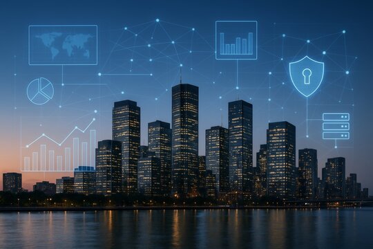 Futuristic city skyline with glowing data analytics and cybersecurity icons over digital network connections at dusk across waterfront buildings. Ai generative - Powered by Adobe