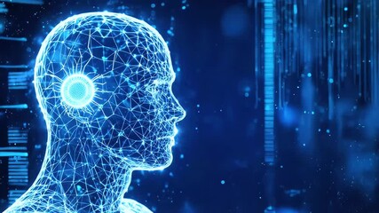 An abstract humanoid robot face with a circle light neon HUD element into a head. Digital brain concept. AI agent or asisstent. Artificial Intelligence cyborg. Technology blue 4k video - Powered by Adobe