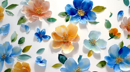 Colorful flowers and leaves on white background blue flowers yellow flowers