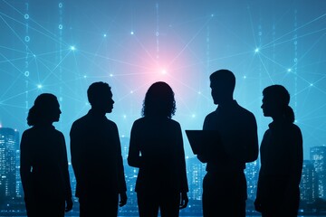Silhouetted business team discussing technology strategy against digital network and cityscape background at night with data projections glowing. Ai generative
