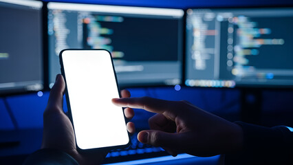 Hands holding smartphone with blank screen in front of computer monitors