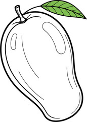 Hand-Drawn Outlined Mango Vector Illustration with Green Leaf, Ideal for Coloring Books, Menu Designs, Recipe Cards, and Tropical Food Graphics.