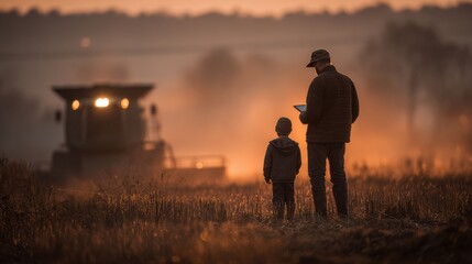 Farmer and his young son in golden autumn field with tablet, futuristic combine harvester in background