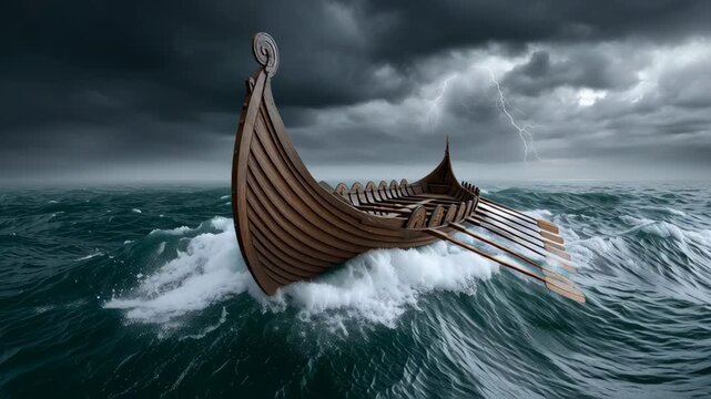Dramatic scene of a wooden longship navigating turbulent seas, waves crashing against the hull, with dark storm clouds and lightning illuminating the atmosphere, showcasing an epic maritime journey