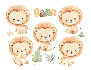 Watercolor Illustration Set of Baby Lion and Tropical Leaves