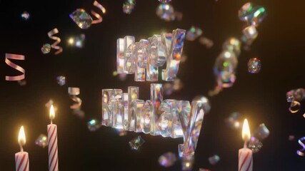 Happy Birthday text surrounded by candles, balloons and ribbons, celebrating a special occasion