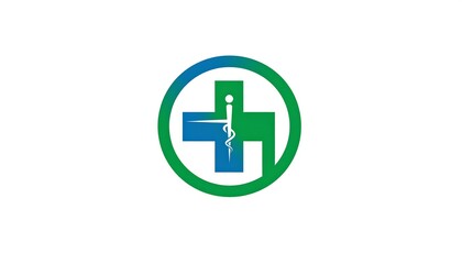 Obraz premium Medical symbol blue cross entwined with a snake, encircled by a green ring on a white background