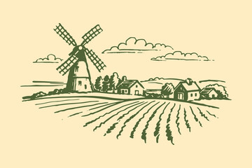 Windmill countryside village vintage sketch vector illustration