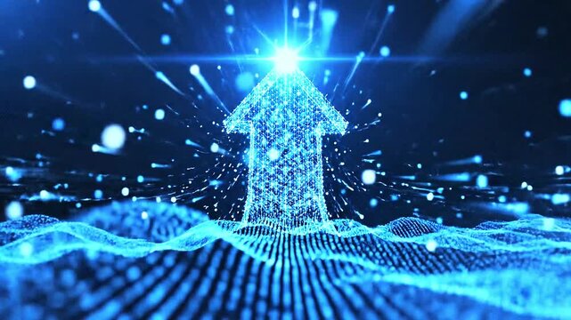 Abstract 3d growth chart in dark blue. Business, financial, analytics concept. Digital vector monochrome graph with connected dots, lines and shapes. Low poly diagram wireframe 4k video ai