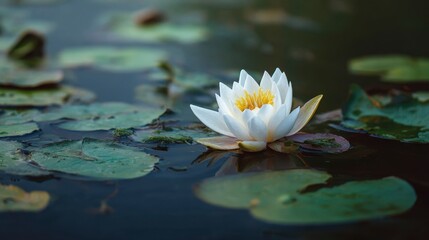 Close-up of a white water lily in full bloom, set amidst floating green lily pads on still, dark water, with blurred background