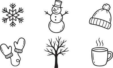Black and white hand drawn winter icons snowflake snowman hat mittens bare tree hot drink vector