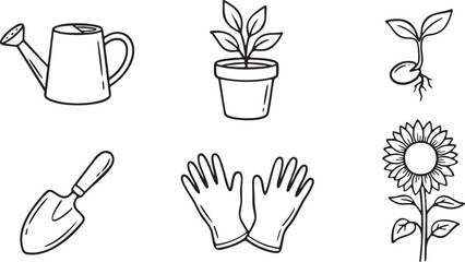 Black and white line art icons of gardening tools plant seedling and sunflower watering