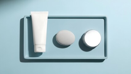 Minimalist skincare set for daily routine facial cleanser and moisturizer on blue tray beauty products