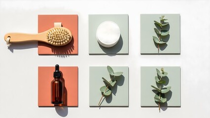 Natural beauty products flat lay featuring brush oil eucalyptus and cotton pads for skincare routine