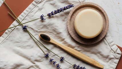 Eco friendly bathroom essentials zero waste concept with soap toothbrush and lavender flowers decor 100