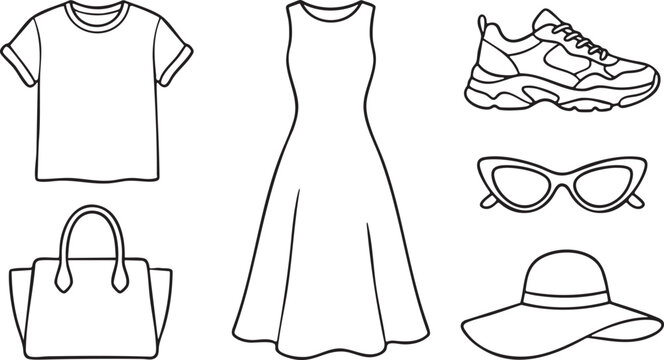 Black outline fashion items t shirt dress sneakers sunglasses hat handbag on white background clothing