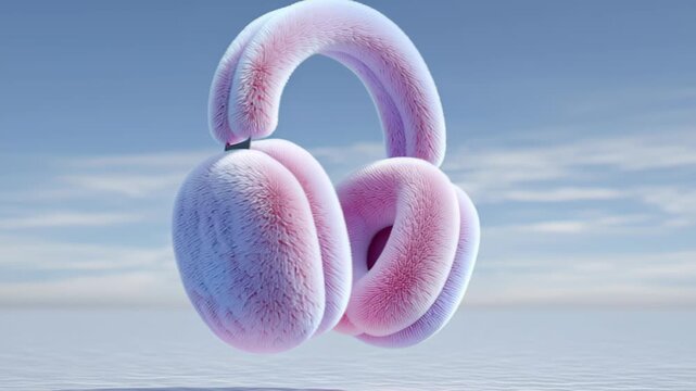 floating pastel earmuffs glowing softly in empty white space, surreal winter accessory concept 