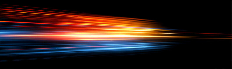 Neon speed lines rush through a dark city road directed to the right. Flowing glowing trails emphasize acceleration and motion depth. Futuristic night scene with dynamic neon light. © cloudstock