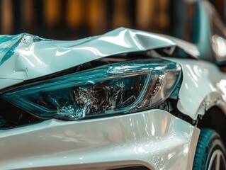 Damaged car front bumper with deep dents and cracks inside a parking garage during daylight
