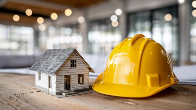 Miniature house model beside bright yellow hard hat on wooden table, showcasing construction elements and workspace ambiance, camera smoothly zooms in for detail enhancement