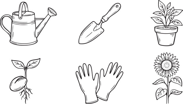 Hand drawn collection of gardening tools and plants in black and white line art watering