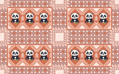 Adorable Panda Bear Seamless Pattern with Tribal Geometric Motifs.