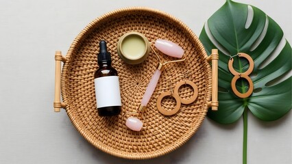 Beauty products flat lay: essential oil, face roller, cream, earrings on rattan tray and monstera leaf
