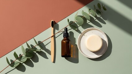 Eco friendly beauty products flat lay with toothbrush soap and oil for natural skincare routine
