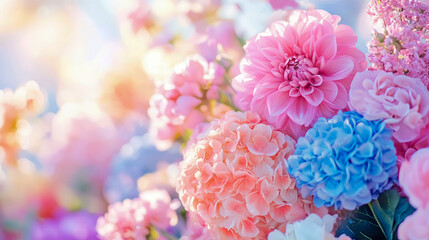 Luxurious bouquet of diverse spring flowers including vivid pink dahlias, soft coral hydrangeas, and bright blue blossoms bathed in ethereal morning light and bokeh