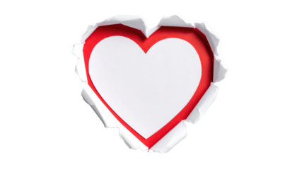 Torn white paper reveals a red heart shape against a black background, creating a romantic and graphic image