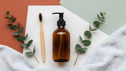 Sustainable bathroom essentials: bamboo toothbrush, refillable bottle, eucalyptus leaves and towel