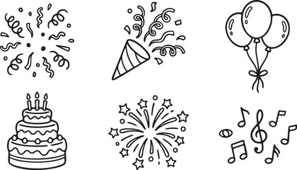 Six black line drawing icons for celebration including confetti balloons cake fireworks and music notes © Yasin