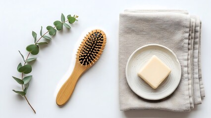 Minimalist spa day essentials flat lay with soap towel and hairbrush for self care routine