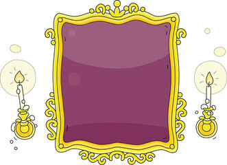 Old mirror in a decorated golden frame with candlesticks and burning candles from a royal palace of a fairytale kingdom, vector cartoon illustration isolated on a white background
