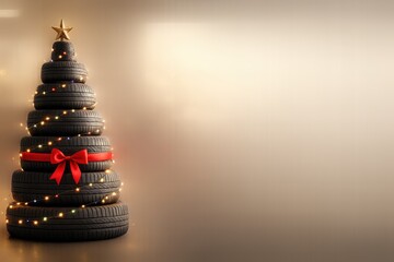 car tires stacked as Christmas tree decorated with colorful lights and festive red ribbon in auto workshop.Christmas-themed banner concept perfect for holiday sales or advertising for car repair shop