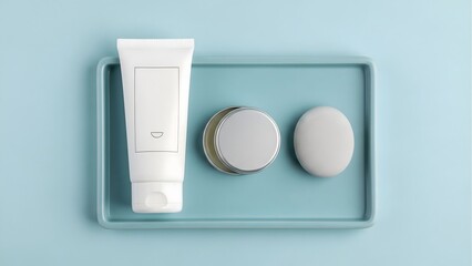 Top view of skincare products on a blue tray for beauty routine and self care on a blue background