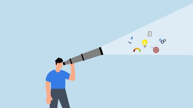 Product discovery, 4k animation of businessman discover light bulb idea through telescope.