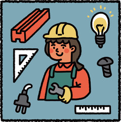 Cute hand-drawn mechanical engineer illustration with helmet, wrench and tools – engineering profession theme