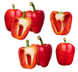 vibrant still life photograph showcasing fresh red bell peppers, both whole and sliced, highlighting their bright color and crisp texture for culinary use.