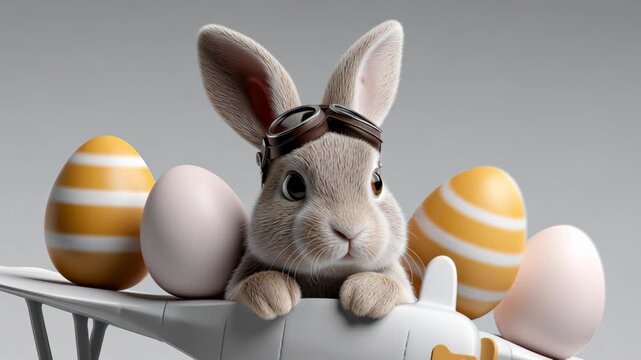 Playful rabbit wearing aviator goggles, perched on a toy airplane surrounded by colorful Easter eggs, showcasing a whimsical scene with gradual camera zoom in for added detail