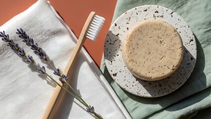 Eco friendly bathroom essentials zero waste lifestyle with bamboo toothbrush and solid shampoo bar flatlay