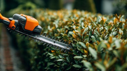 Fototapeta premium Close-up shot of an electric hedge trimmer neatly trimming a vibrant green hedge on a sunny day