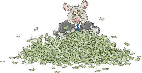 Greedy business rat enjoying its large pile of money, vector cartoon illustration on a white background