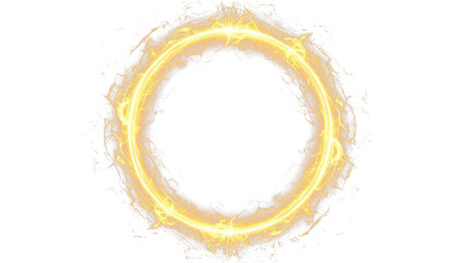 Golden glowing circle with glitter and sparks on transparent PNG clipart for design.