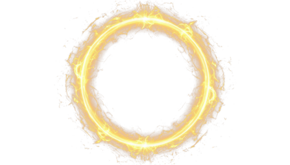 Golden glowing circle with glitter and sparks on transparent PNG clipart for design.