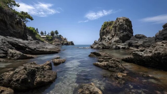 Rugged rocky coastline with jagged outcrops and a shallow tidal channel, blue sky above and the sea beyond