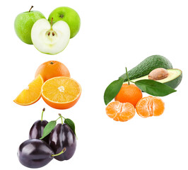assortment of fresh fruit photograph featuring green apples, oranges, mandarins, avocados, and plums for balanced nutrition and healthy lifestyle promotion.